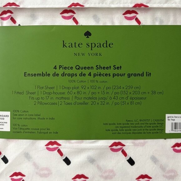 NEW Kate Spade Red Lipstick Queen Size Sheet Set 100% Crisp Cool Cotton - Picture 3 of 3